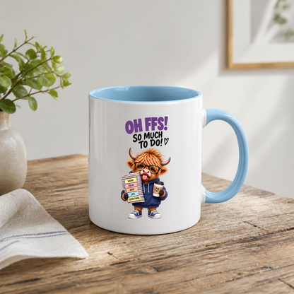 Highland Cow To-Do List Mug "Oh FFS! So Much To Do!" Oh FFS! So Much To Do! 325ml Ceramic Coffee Mug – Cute Highland Cow in Glasses & Hoodie carrying Paper Stack & Coffee Cup | Funny Work Gift | Fast Dispatch by UK Seller (M3387)