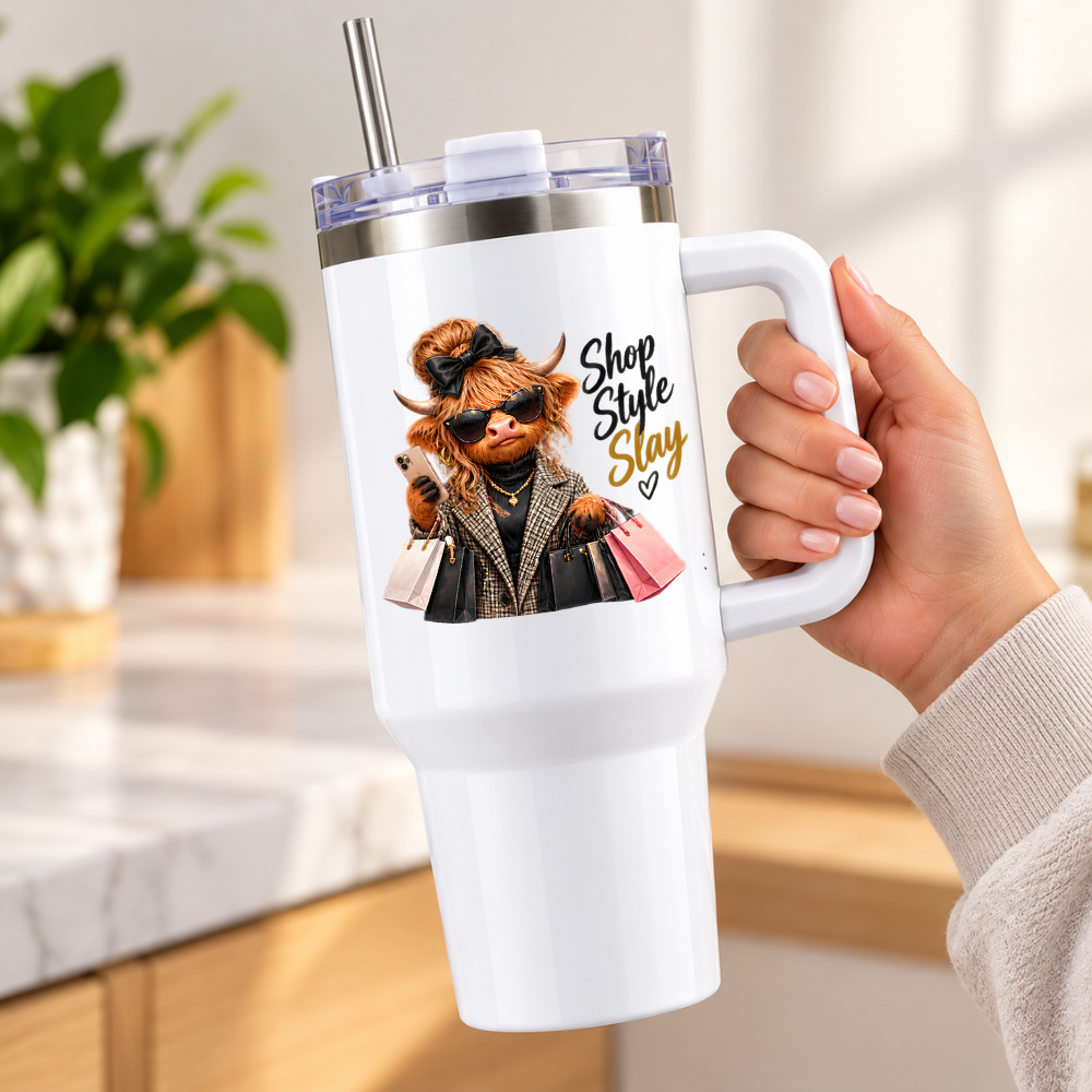 Sassy Highland Cow Travel Tumbler "Shop Style Slay" Graphic 40oz Stainless Steel Insulated Travel Mug with Handle & Straw – Fashion Cow in Plaid Coat, Sunglasses, Bow & Shopping Bags Novelty Travel Cup | Fast Dispatch by UK Seller (T3025)