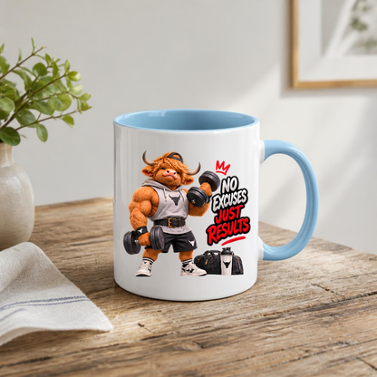 Gym Mug "No Excuses Just Results Muscular Highland Cow" No Excuses Just Results 325ml Ceramic Coffee Mug – Muscular Highland Cow Lifting Dumbbells In Hoodie Lifting Belt Gym Fitness Gift | Available in Multicolours | Fast Dispatch by UK Seller (M3273)