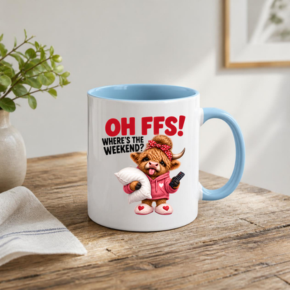 Highland Cow Weekend Mug "OH FFS! Where's The Weekend?" Oh Ffs! Where's The Weekend? 325ml Ceramic Coffee Mug – Cute Highland Cow in Pink Hoodie with Pillow, Remote & Heart Slippers | Funny Lazy Day Gift | Fast Dispatch by UK Seller (M3379)