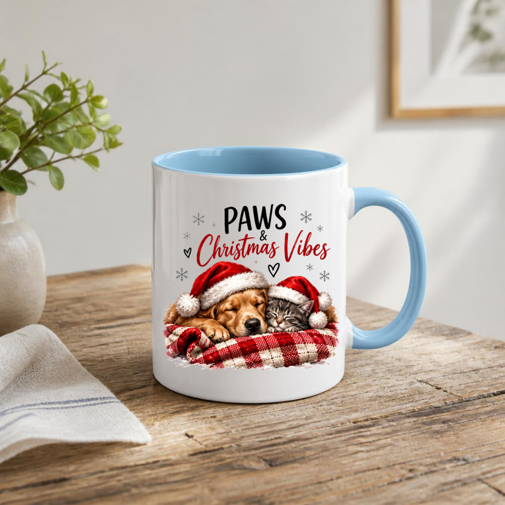 Christmas Dog & Cat Mug "Paws & Christmas Vibes" Paws & Christmas Vibes 325ml Ceramic Coffee Mug – Cute Sleeping Golden Retriever & Tabby Cat in Santa Hats on Plaid Blanket | Festive Holiday Gift | Fast Dispatch by UK Seller (M3405)