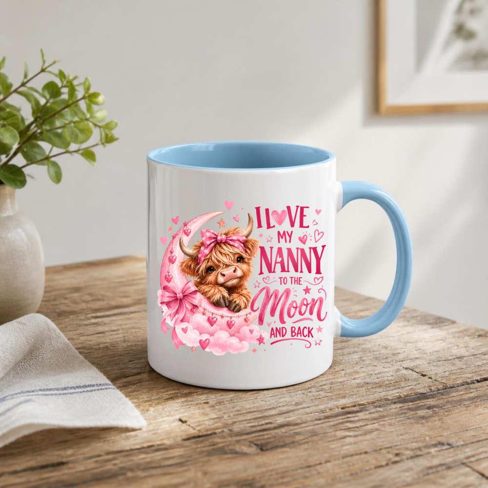 Cute Highland Cow Mug "I Love My Nanny To The Moon And Back" I Love My Nanny To The Moon And Back 325ml Ceramic Coffee Mug – Adorable Baby Highland Cow on Pink Moon with Bow & Hearts | Sentimental Nanny Gift | Fast Dispatch by UK Seller (M3457)