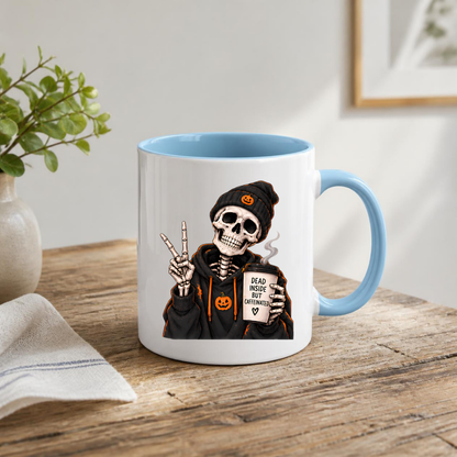 Halloween Mug "Skeleton Dead Inside But Caffeinated" Skeleton Dead Inside But Caffeinated 325ml Ceramic Coffee Mug – Funny Halloween Autumn Tea Cup Skeleton Black Hoodie Cup Graphic Gift | Available in Multicolours | Fast Dispatch by UK Seller (M3224)