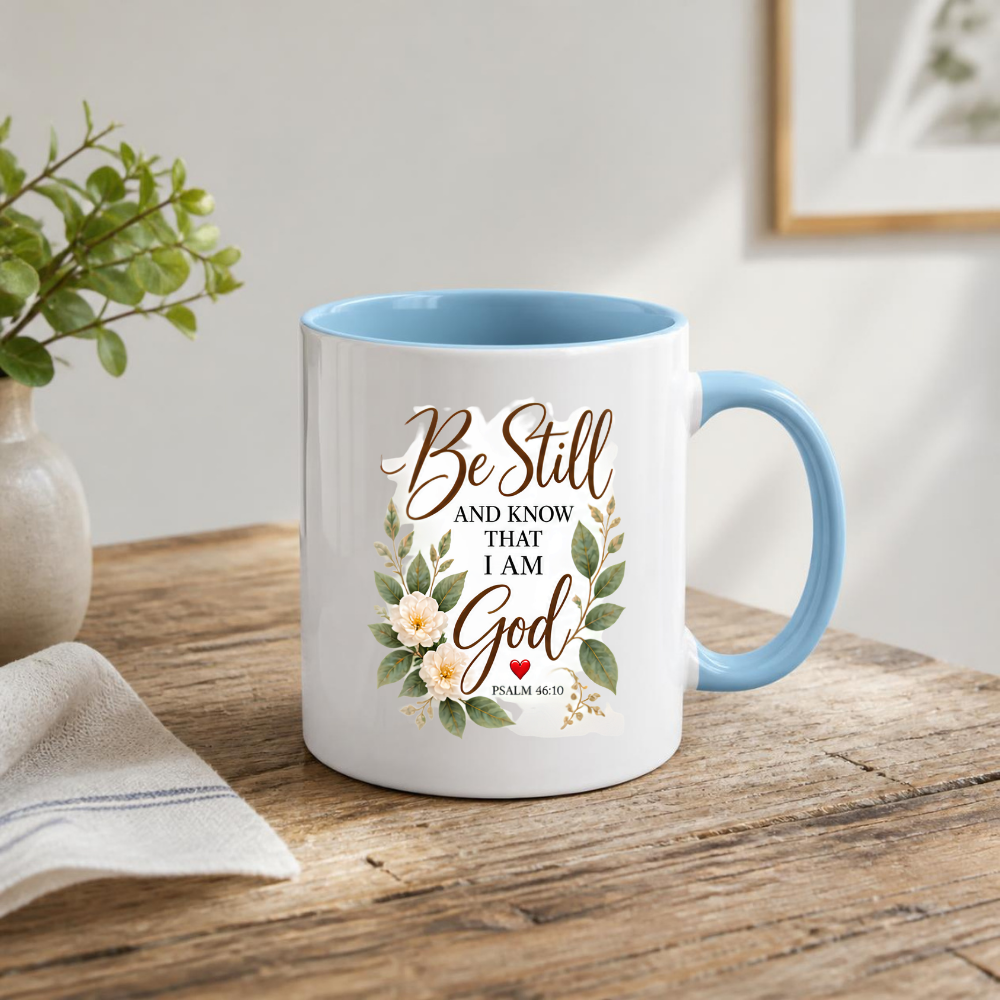 Inspirational Christian Mug "Be Still And Know That I Am God Psalm 46:10" 325ml Ceramic Coffee Mug –Christian Bible Verse Mug With Floral Wreath Leaves Inspirational Gift | Available in Multicolours | Fast Dispatch by UK Seller (M3299)