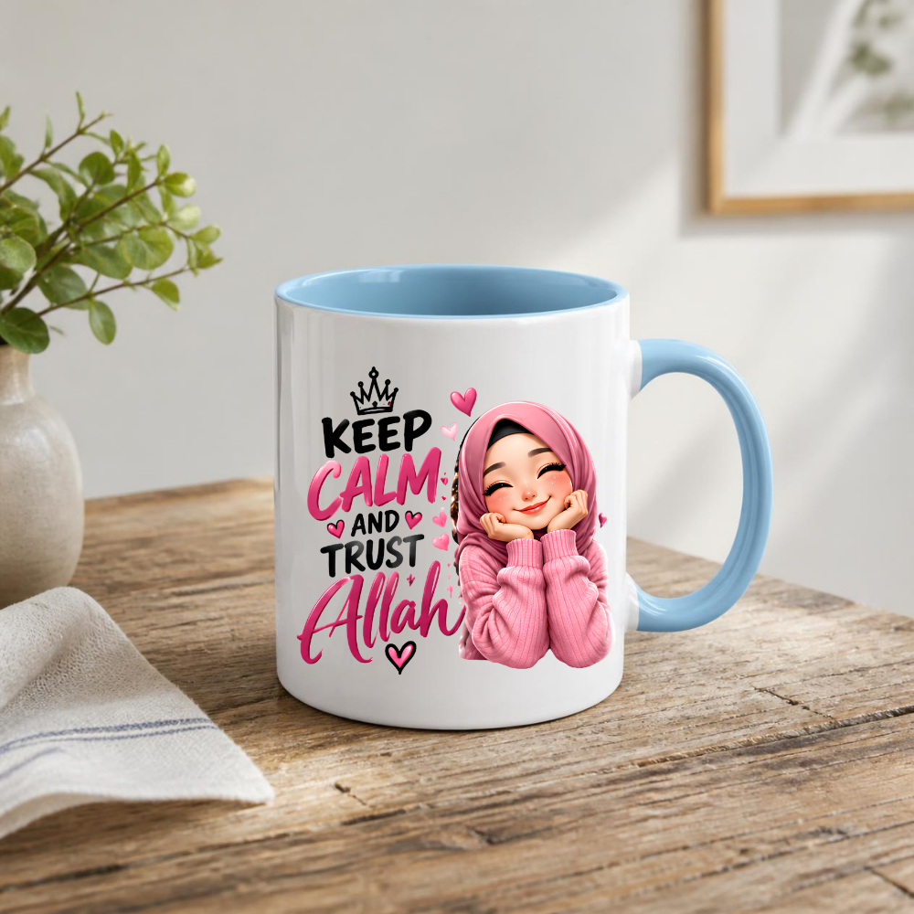 Islamic Mug "Keep Calm And Trust Allah" 325ml Ceramic Coffee Tea Cup – Pink Hijabi Girl Graphic, Hearts & Faith Slogan Novelty Gift for Muslim Women, Friends, Birthday – Fast Dispatch by UK Seller (M3505)