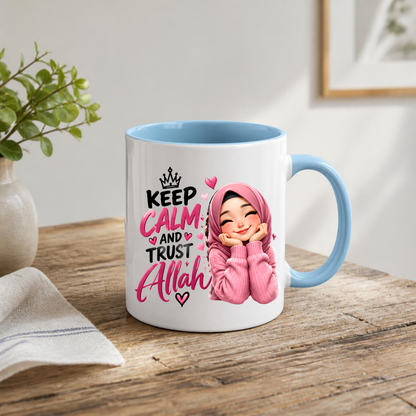 Islamic Mug "Keep Calm And Trust Allah" 325ml Ceramic Coffee Tea Cup – Pink Hijabi Girl Graphic, Hearts & Faith Slogan Novelty Gift for Muslim Women, Friends, Birthday – Fast Dispatch by UK Seller (M3505)