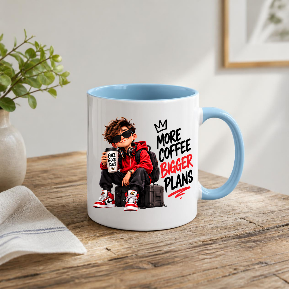 Motivational Mug "More Coffee Bigger Plans" 325ml Ceramic Coffee Tea Cup – Cool Boy Graphic, Red Hoodie, Sunglasses & Slogan Novelty Gift for Coffee Lovers, Teens, Birthday – Fast Dispatch by UK Seller (M3499)