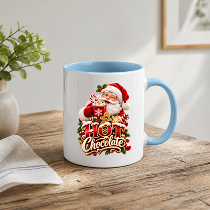 Christmas Mug "Hot Chocolate" Santa Claus Hot Chocolate 325ml Ceramic Coffee Mug – Jolly Winking Santa Holding Cocoa with Gingerbread Man, Candy Cane & Gold Typography | Festive Holiday Gift | Fast Dispatch by UK Seller (M3361)