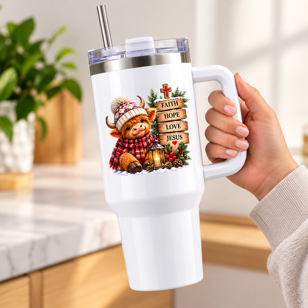 Inspirational Religious Highland Cow Travel Tumbler "Faith Hope Love Jesus" Graphic 40oz Stainless Steel Insulated Travel Mug with Handle & Straw – Winter Calf in Hat & Scarf with Sign & Cross Novelty Travel Cup | Fast Dispatch by UK Seller (T3012)