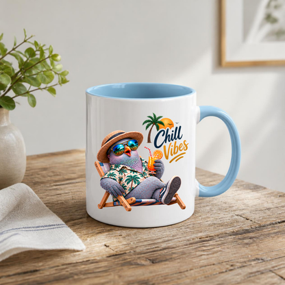 Summer Mug "Chill Vibes Cool Pigeon" 325ml Ceramic Coffee Mug – Relaxing Pigeon in Hawaiian Shirt, Straw Hat & Sunglasses on Beach Chair Funny Summer Mug Gift For Friends Vacation Lovers | Available in Multicolours | Fast Dispatch by UK Seller (M3242)