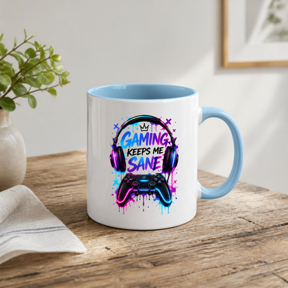 Gaming Mug "Gaming Keeps Me Sane" Gaming Keeps Me Sane 325ml Ceramic Coffee Mug – Neon Headset & Controller Mug with Blue and Pink Paint Splatter Art | Gamer Gift | Fast Dispatch by UK Seller (M3345)