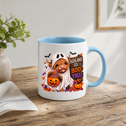 Halloween Mug "Ghost Costume Boo Y'all Highland Co." Ghost Costume Highland Cow 325ml Ceramic Coffee Mug – Cute Trick-or-Treat Tea Cup with Sheet Outfit Wooden Sign Graphic Gift | Available in Multicolours | Fast Dispatch by UK Seller (M3178)