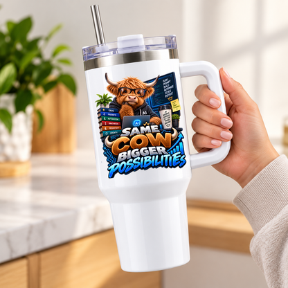 Funny Tech Travel Tumbler "Same Cow Bigger Possibilities" Graphic 40oz Stainless Steel Insulated Travel Mug with Handle & Straw – Highland Cow in Glasses with Laptop, Coffee & Stacked Books Gift for Office | Fast Dispatch by UK Seller (T3058)