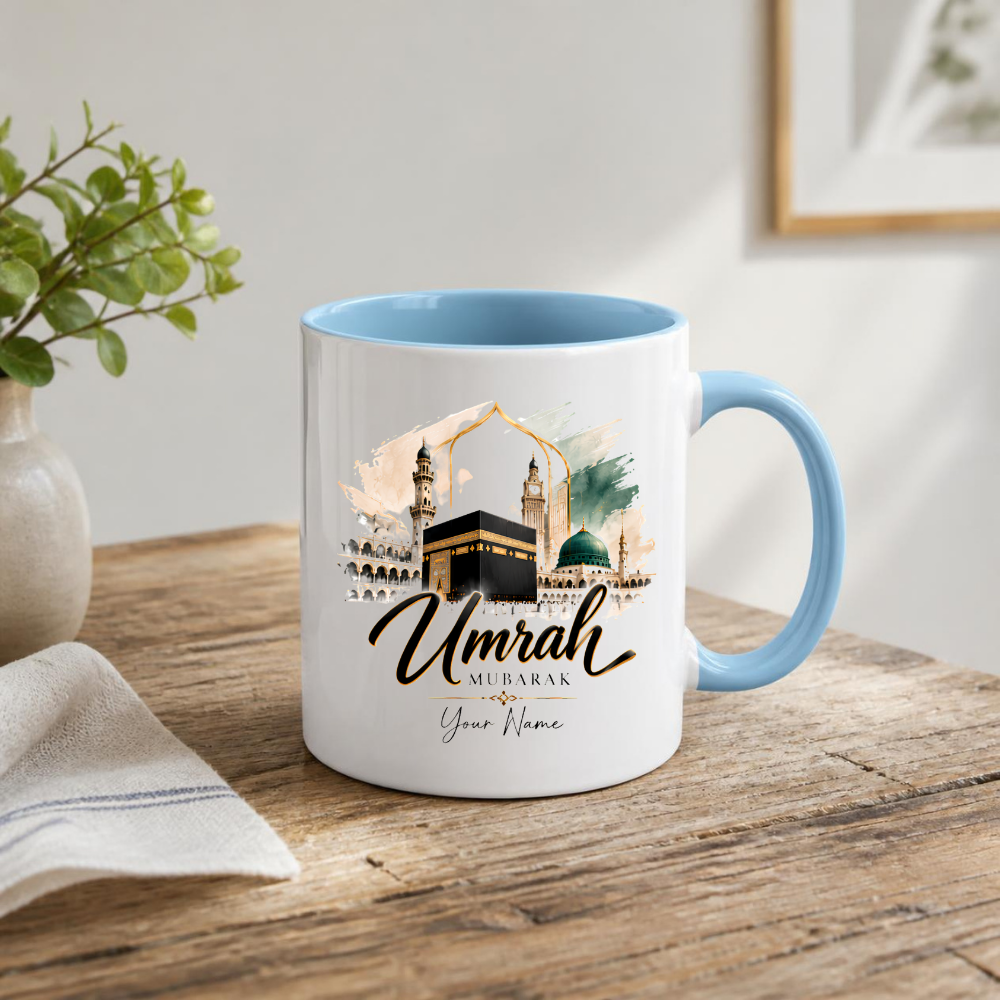 Personalised Umrah Mubarak Mug 325ml Ceramic Coffee Tea Cup – Custom Name, Holy Kaaba, Green Dome & Watercolor Architecture Religious Pilgrimage Gift for Family, Friends, Hajj Celebration – Fast Dispatch by UK Seller (M3486)