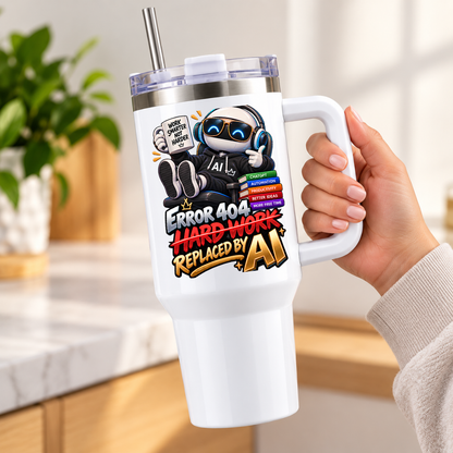 Sarcastic Office Tech Travel Tumbler "ERROR 404 HARD WORK REPLACED BY AI" Graphic 40oz Stainless Steel Insulated Mug with Handle & Straw – Robot with Coffee, Laptop & ChatGPT Books Novelty Gift for Coders & Office | Fast Dispatch by UK Seller (T3048)