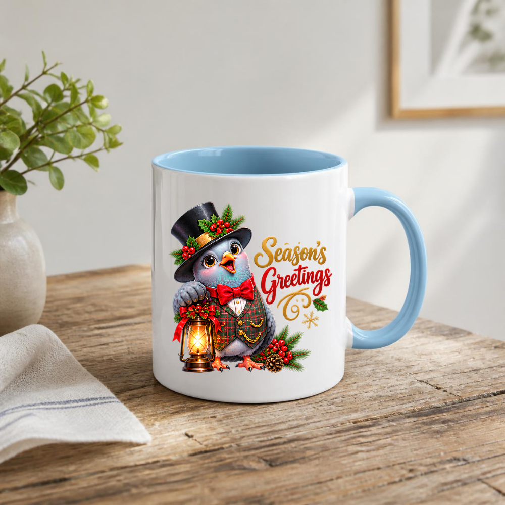 Holiday Mug "Season's Greetings Gentleman Bird" 325ml Ceramic Coffee Mug – Dapper Victorian Christmas Bird in Top Hat & Plaid Vest Holding Vintage Lantern Festive Holiday Gift | Available in Multicolours | Fast Dispatch by UK Seller (M3267)