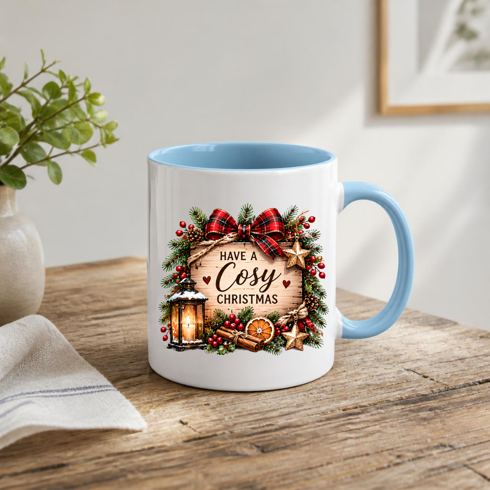 Rustic Wood Sign Christmas Mug "Have A Cosy Christmas" Have A Cosy Christmas 325ml Ceramic Coffee Mug – Rustic Wooden Plaque with Pine Wreath, Red Tartan Bow, Glowing Lantern & Cinnamon Sticks | Festive Holiday Gift | Fast Dispatch by UK Seller (M3438)