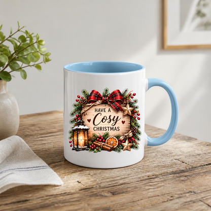 Rustic Wood Sign Christmas Mug "Have A Cosy Christmas" Have A Cosy Christmas 325ml Ceramic Coffee Mug – Rustic Wooden Plaque with Pine Wreath, Red Tartan Bow, Glowing Lantern & Cinnamon Sticks | Festive Holiday Gift | Fast Dispatch by UK Seller (M3438)