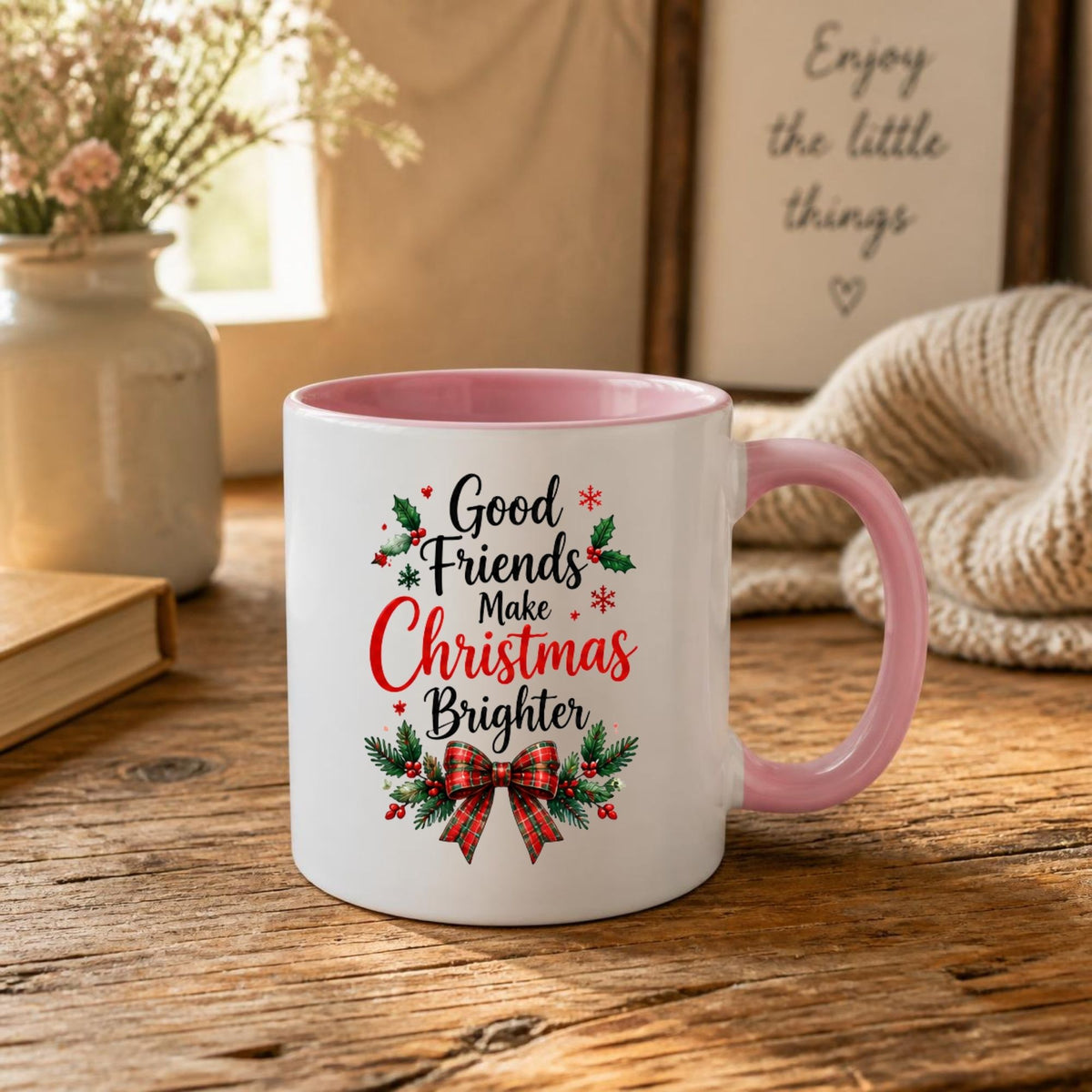 Warm & Festive Mug "Good Friends Make Christmas Brighter" 325ml Ceramic Coffee Mug Winter Holiday Tea Cup with Tartan Plaid Bow & Holly Berries | Available in Multicolours | Fast Dispatch by UK Seller (M1268)