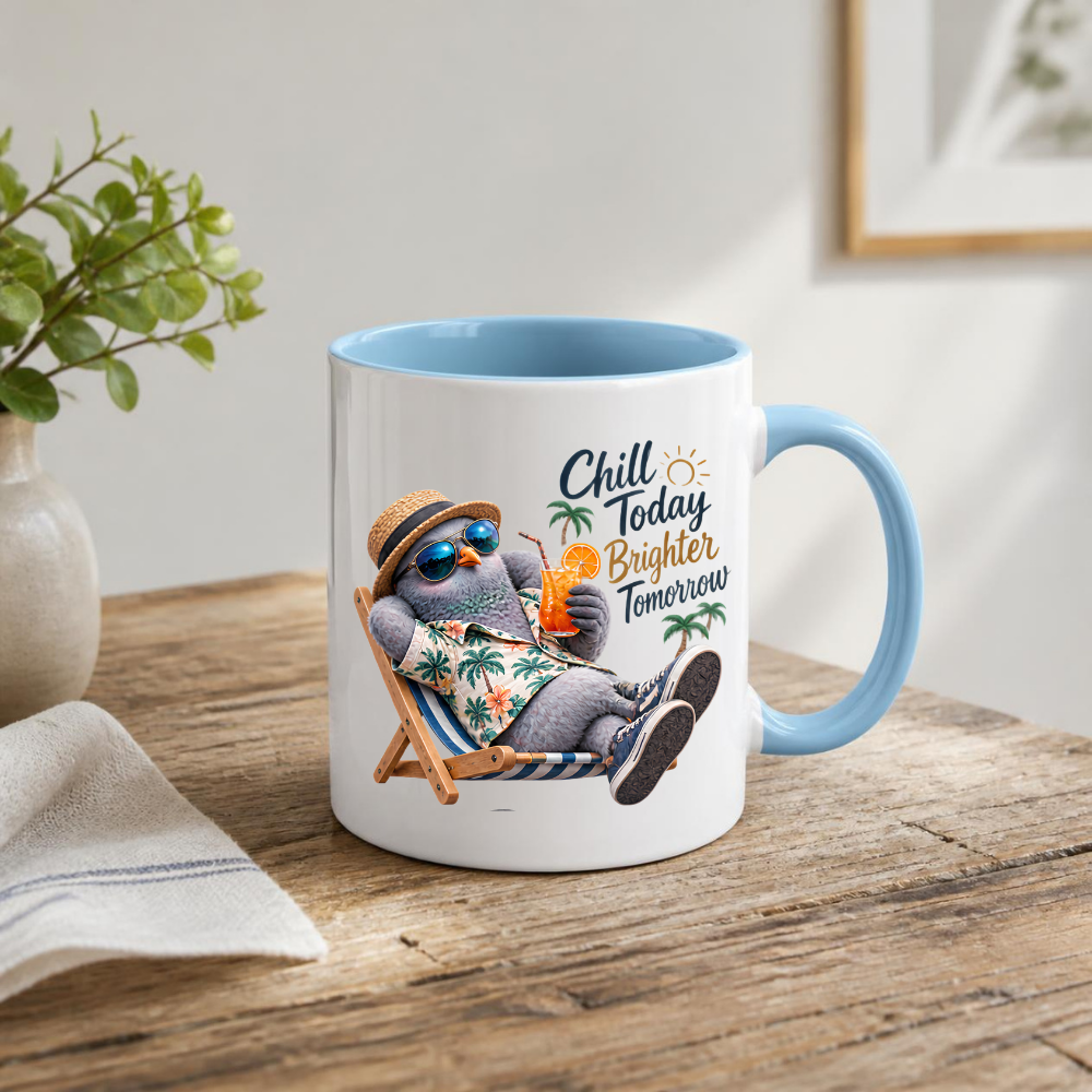 Summer Mug "Chill Today Brighter Tomorrow Cool Pigeon" 325ml Ceramic Coffee Mug – Relaxing Pigeon in Hawaiian Shirt Straw Hat Sunglasses Summer Mug Gift For Friends Vacation Lovers | Available in Multicolours | Fast Dispatch by UK Seller (M3236)
