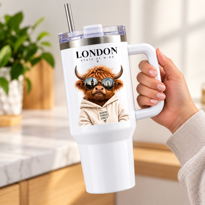 Sassy Highland Cow Travel Tumbler "London State of Mind" Graphic 40oz Stainless Steel Insulated Travel Mug with Handle & Straw – Cool Cow in Hoodie & Sunglasses with Big Ben & London Eye Reflections Novelty Travel Cup | Fast Dispatch by UK Seller (T3031)
