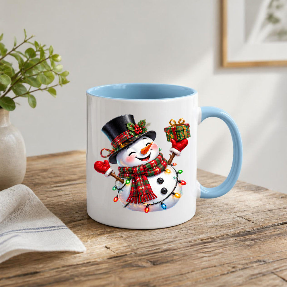 Christmas Mug "Cheerful Snowman Plaid Scarf Gift" Cheerful Snowman 325ml Ceramic Coffee Mug – Festive Christmas Tea Cup with Plaid Scarf, Top Hat Christmas Lights Gift Graphic Gift | Available in Multicolours | Fast Dispatch by UK Seller (M3184)