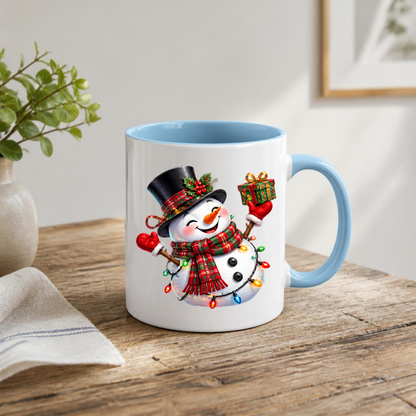 Christmas Mug "Cheerful Snowman Plaid Scarf Gift" Cheerful Snowman 325ml Ceramic Coffee Mug – Festive Christmas Tea Cup with Plaid Scarf, Top Hat Christmas Lights Gift Graphic Gift | Available in Multicolours | Fast Dispatch by UK Seller (M3184)