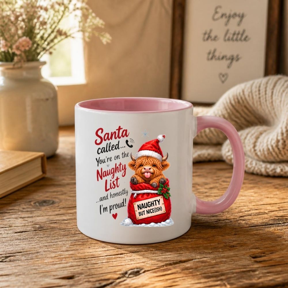 Festive Mug "Santa Called You're On The Naughty List" Highland Cow 325ml Ceramic Coffee Mug Funny Christmas Holiday Tea Cup with Santa Sack & Naughty But Nice Sign Gift | Available in Multicolours | Fast Dispatch by UK Seller (M1298)