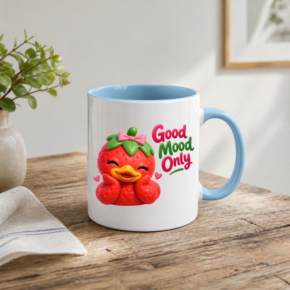 Inspirational Mug "Good Mood Only Strawberry Duck" Good Mood Only 325ml Ceramic Coffee Mug – Cute Smiling Strawberry Duck with Pink Bow | Available in Multicolours | Fast Dispatch by UK Seller (M3248)