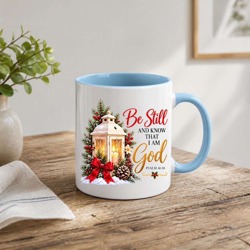 Religious Christmas Mug "Be Still And Know That I Am God" Be Still And Know That I Am God 325ml Ceramic Coffee Mug – Christian Scripture Mug with Psalm 46:10, Lantern & Pinecones | Religious Holiday Gift | Fast Dispatch by UK Seller (M3339)