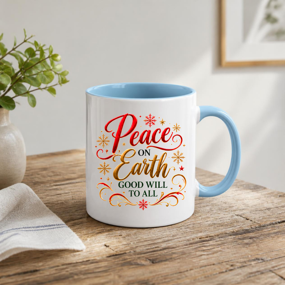 Christmas Mug "Peace On Earth Good Will To All" 325ml Ceramic Coffee Mug – Festive Christmas Blessing Mug With Gold Snowflakes Red Calligraphy Religious Holiday Gift | Available in Multicolours | Fast Dispatch by UK Seller (M3293)