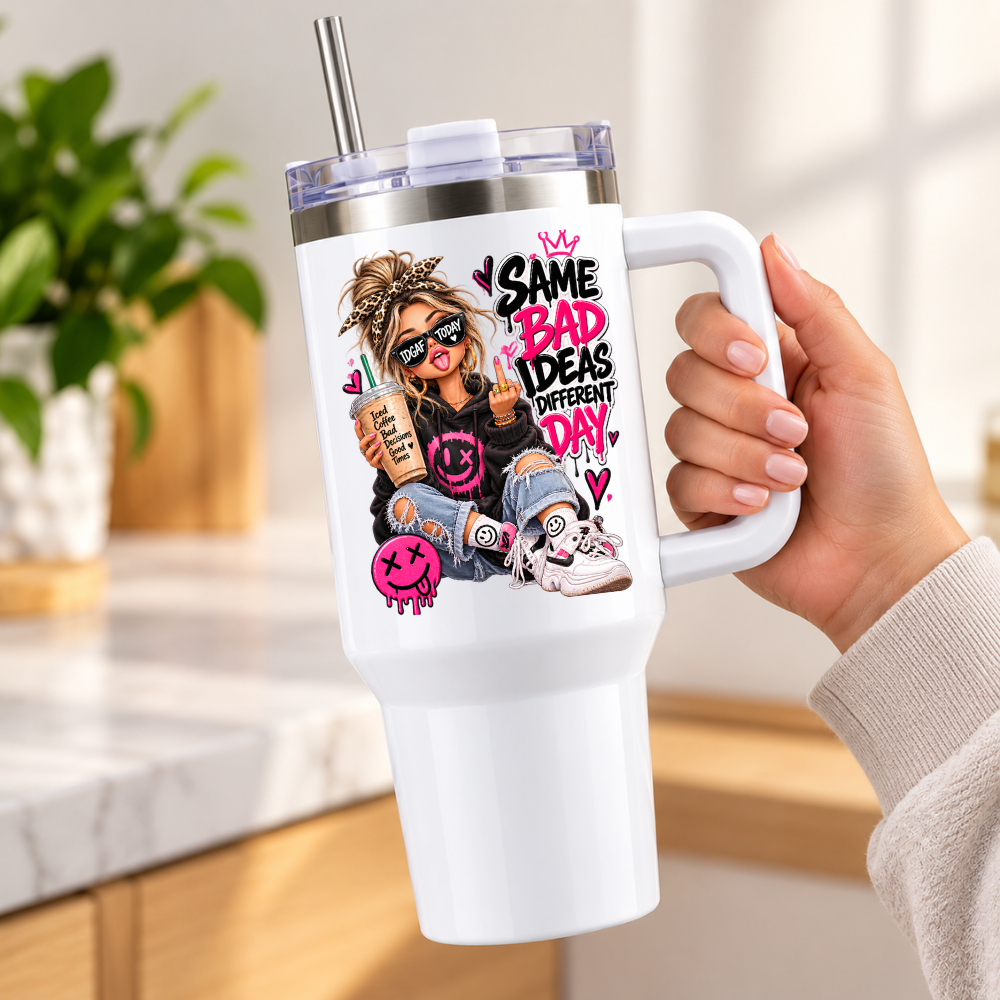 Funny Sassy Travel Tumbler "Same Bad Ideas Different Day" Graphic 40oz Stainless Steel Insulated Travel Mug with Handle & Straw â€“ Trendy Girl with Glasses, Iced Coffee & Smiley Graffiti Novelty Travel Cup | Fast Dispatch by UK Seller (T3006)