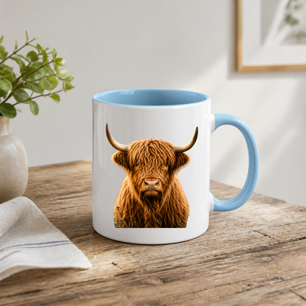 Rustic Mug "Classic Highland Cow" Majestic Highland Cow 325ml Ceramic Coffee Mug Country Wildlife Tea Cup with Horns and Thistle Graphic Gift | Available in Multicolours | Fast Dispatch by UK Seller (M3154)