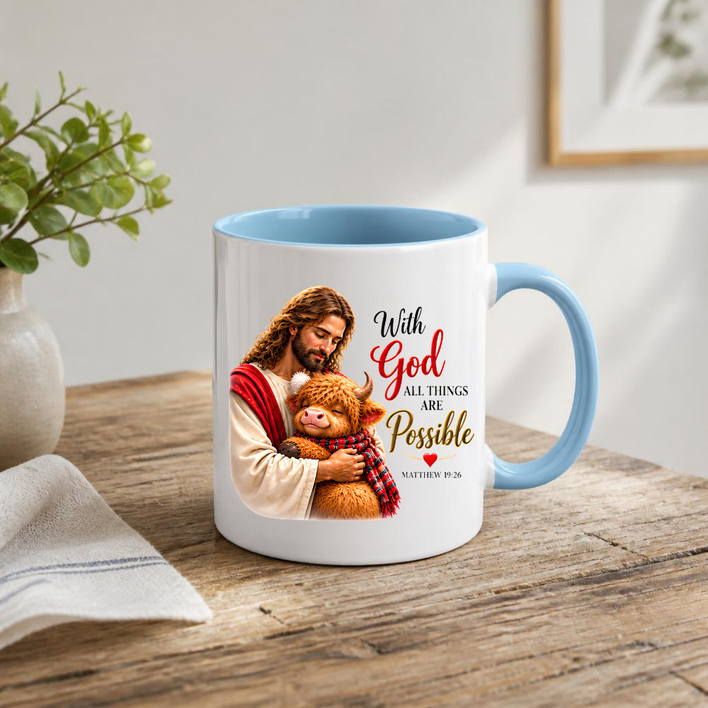Religious Christmas Mug "With God All Things Are Possible" Highland Cow With God All Things Are Possible 325ml Ceramic Coffee Mug – Christian Jesus Hugging Highland Cow Scripture Mug with Matthew 19:26 | Religious Gift | Fast Dispatch by UK Seller (M3353)