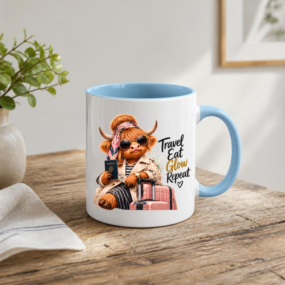 Travel Mug "Travel Eat Glow Repeat Highland Cow" Travel Eat Glow Repeat 325ml Ceramic Coffee Mug – Chic Highland Cow with Passport, Pink Suitcase Trench Coat Wanderlust Holiday Gift | Available in Multicolours | Fast Dispatch by UK Seller (M3279)