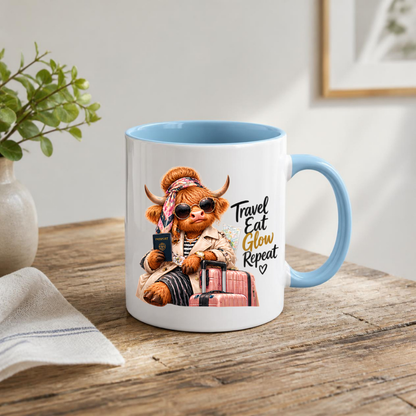 Travel Mug "Travel Eat Glow Repeat Highland Cow" Travel Eat Glow Repeat 325ml Ceramic Coffee Mug – Chic Highland Cow with Passport, Pink Suitcase Trench Coat Wanderlust Holiday Gift | Available in Multicolours | Fast Dispatch by UK Seller (M3279)