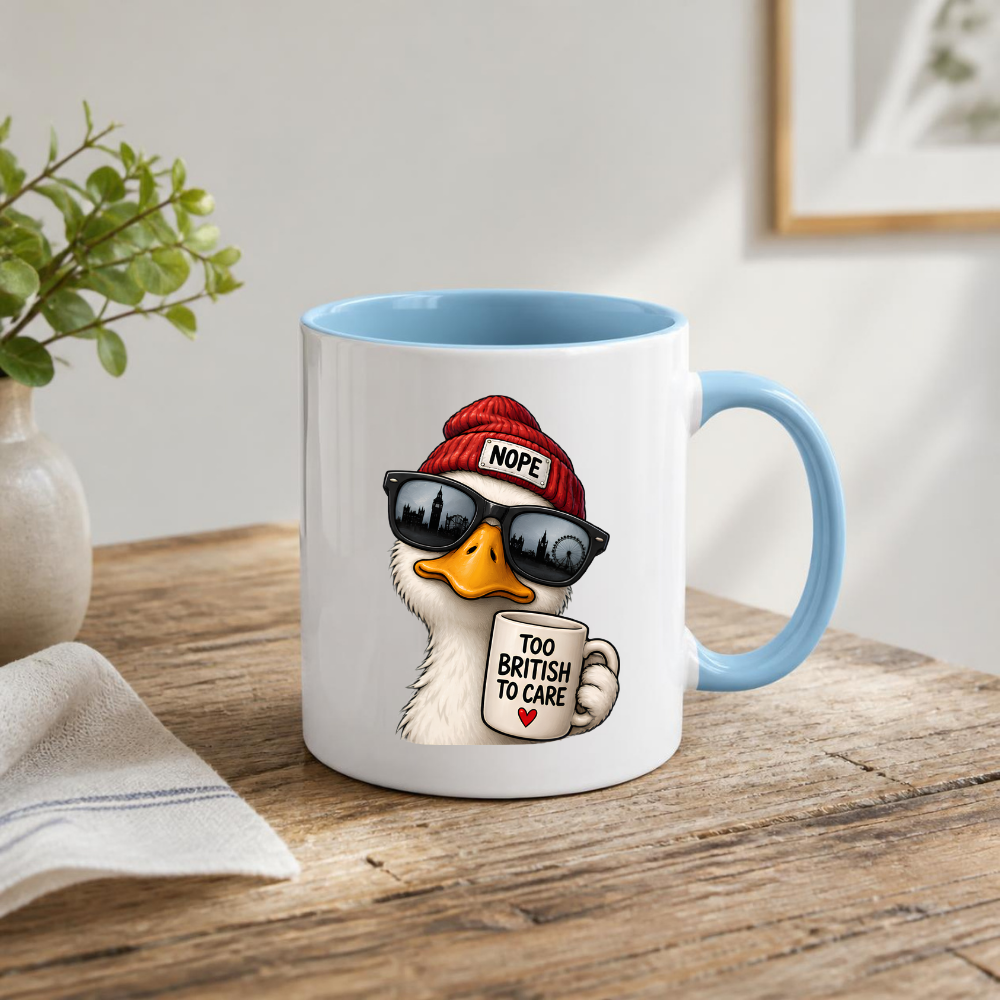 British Humour Mug "TOO BRITISH TO CARE" Funny Duck 325ml Ceramic Coffee Mug Cheeky London Duck Tea Cup with Union Jack-Inspired British Artwork Gift | Available in Multicolours | Fast Dispatch by UK Seller (M3002)