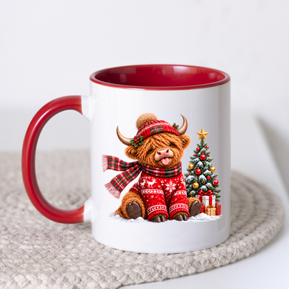 Christmas Mug "Festive Christmas Jumper Highland Cow" Christmas Jumper Highland Cow 325ml Ceramic Coffee Mug – Cute Winter Tea Cup with Christmas Tree Present Graphic Gift | Available in Multicolours | Fast Dispatch by UK Seller (M3172)