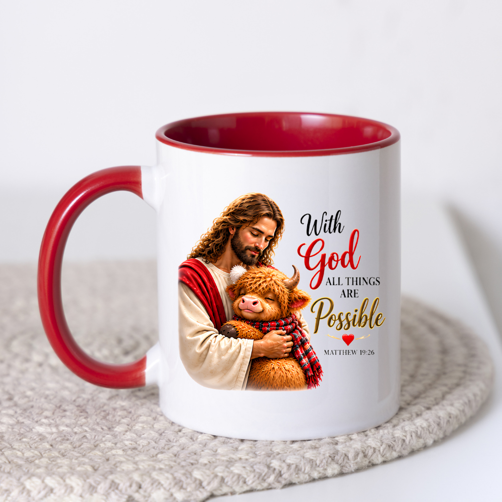 Religious Christmas Mug "With God All Things Are Possible" Highland Cow With God All Things Are Possible 325ml Ceramic Coffee Mug – Christian Jesus Hugging Highland Cow Scripture Mug with Matthew 19:26 | Religious Gift | Fast Dispatch by UK Seller (M3353)