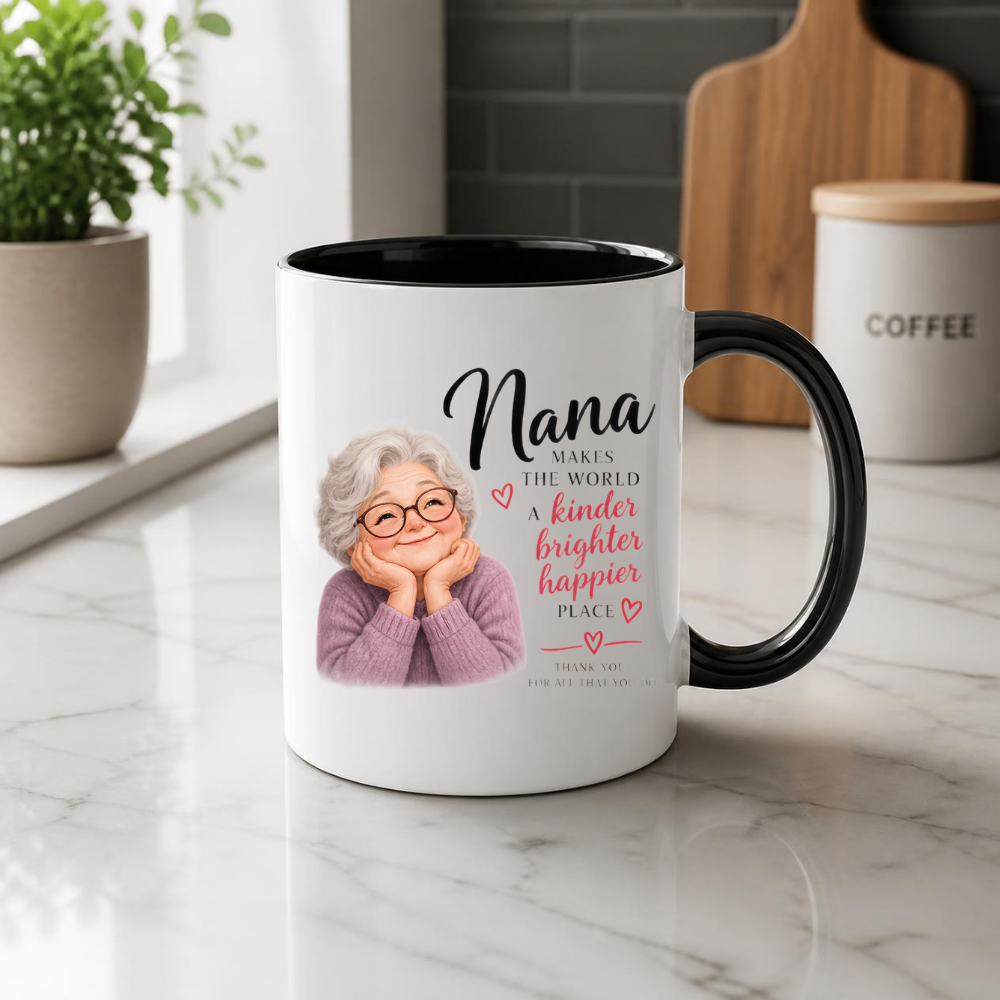 Family Mug "Nana MAKES THE WORLD A kinder brighter happier PLACE" Sweet Grandma 325ml Ceramic Coffee Mug Heartwarming Nana Tea Cup with Resting Head Grandma Graphic Gift | Available in Multicolours | Fast Dispatch by UK Seller (M3014)