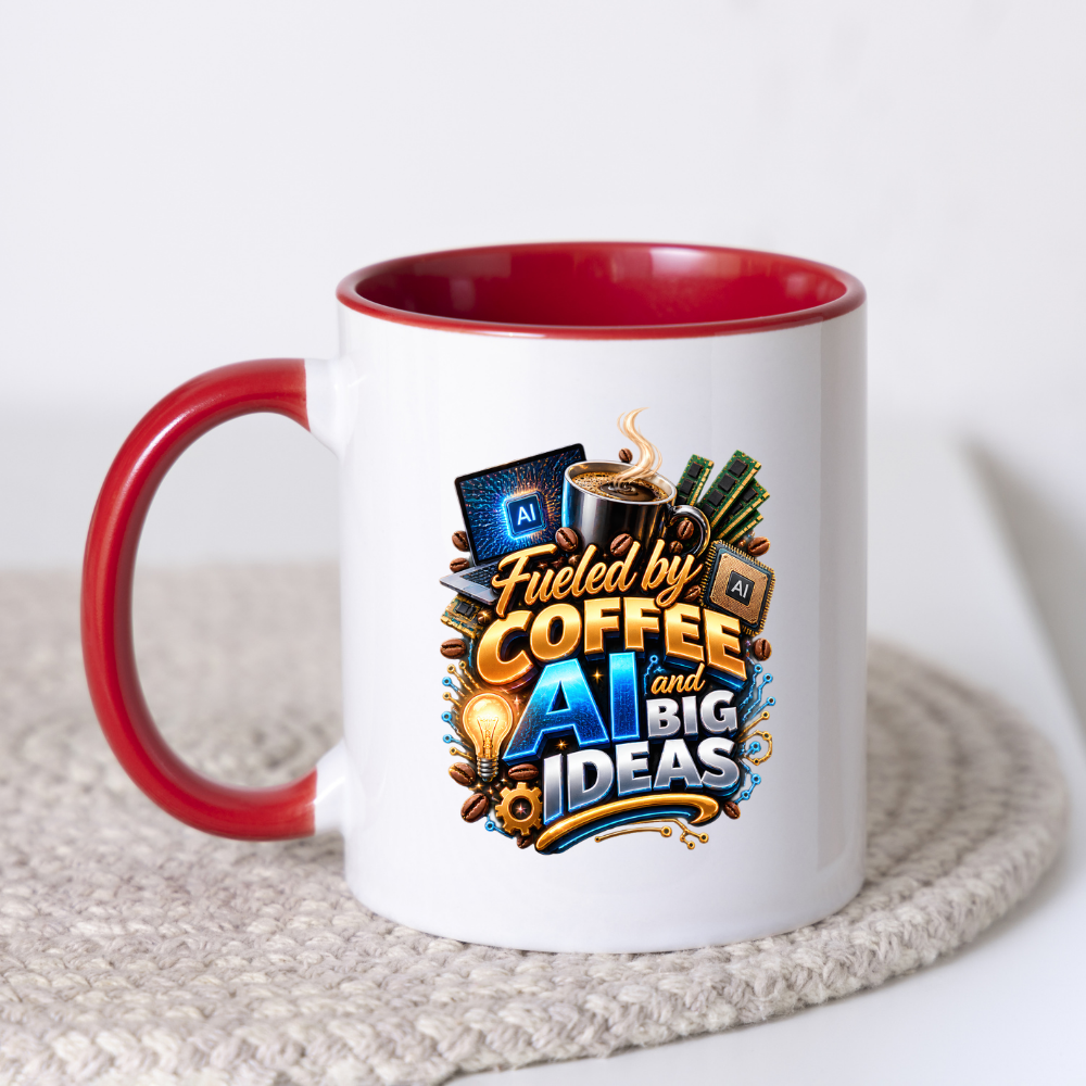 Tech Mug "Fueled By Coffee AI And Big Ideas" Fueled By Coffee AI And Big Ideas 325ml Ceramic Coffee Mug – Tech Programmer Mug with Laptop, CPU Chip & RAM | Gift for Developers & IT Specialists | Fast Dispatch by UK Seller (M3325)