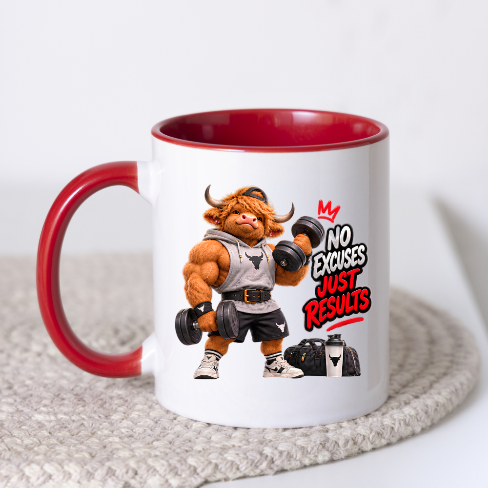 Gym Mug "No Excuses Just Results Muscular Highland Cow" No Excuses Just Results 325ml Ceramic Coffee Mug – Muscular Highland Cow Lifting Dumbbells In Hoodie Lifting Belt Gym Fitness Gift | Available in Multicolours | Fast Dispatch by UK Seller (M3273)