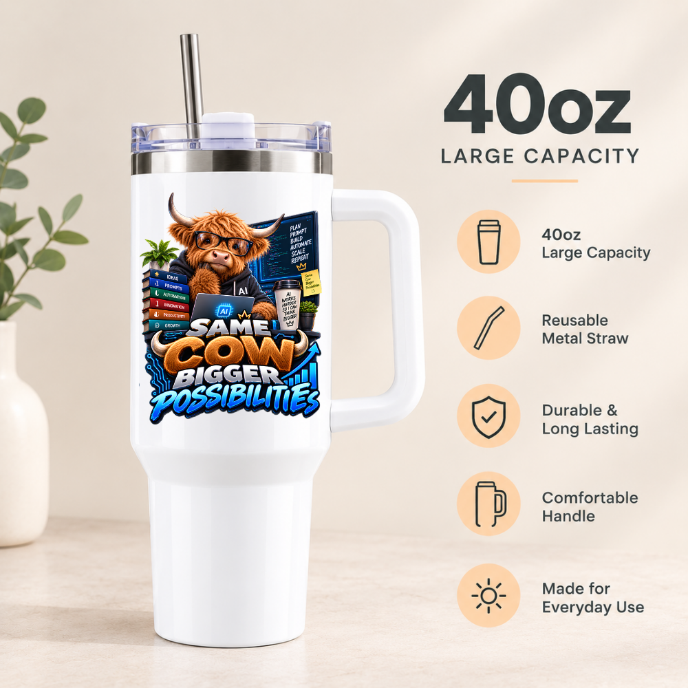 Funny Tech Travel Tumbler "Same Cow Bigger Possibilities" Graphic 40oz Stainless Steel Insulated Travel Mug with Handle & Straw – Highland Cow in Glasses with Laptop, Coffee & Stacked Books Gift for Office | Fast Dispatch by UK Seller (T3058)