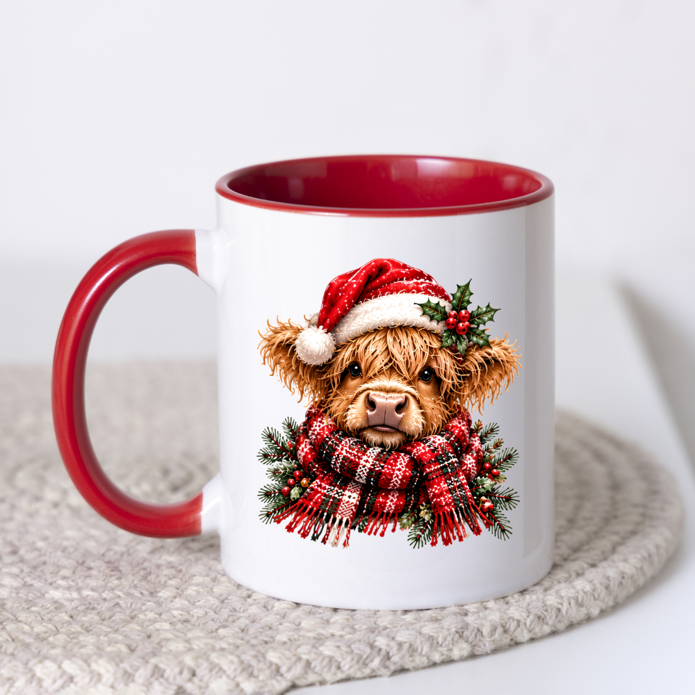 Christmas Santa Hat Highland Cow Mug Cute Christmas Highland Cow in Santa Hat 325ml Ceramic Coffee Mug – Fluffy Scottish Calf wearing Red Santa Hat & Cozy Scarf | Festive Winter Gift | Fast Dispatch by UK Seller (M3430)