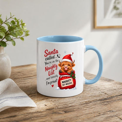 Festive Mug "Santa Called You're On The Naughty List" Highland Cow 325ml Ceramic Coffee Mug Funny Christmas Holiday Tea Cup with Santa Sack & Naughty But Nice Sign Gift | Available in Multicolours | Fast Dispatch by UK Seller (M1298)