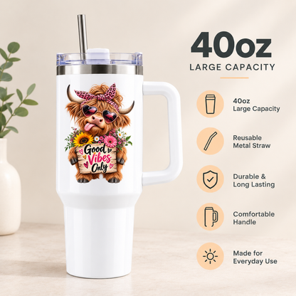 Sassy Highland Cow Travel Tumbler "Good Vibes Only" Graphic 40oz Stainless Steel Insulated Travel Mug with Handle & Straw – Cheeky Cow in Pink Leopard Bow, Heart Sunglasses, Flowers & Wooden Sign Novelty Travel Cup | Fast Dispatch by UK Seller (T3039)