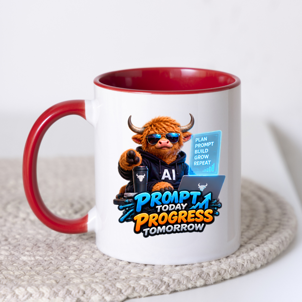 Tech Mug "Prompt Today Progress Tomorrow" 325ml Ceramic Coffee Mug – Highland Cow in Sunglasses with Laptop Coffee AI Screen Modern Tech Gift For Developers AI Prompt Engineers | Available in Multicolours | Fast Dispatch by UK Seller (M3230)