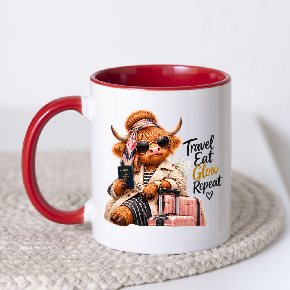 Travel Mug "Travel Eat Glow Repeat Highland Cow" Travel Eat Glow Repeat 325ml Ceramic Coffee Mug – Chic Highland Cow with Passport, Pink Suitcase Trench Coat Wanderlust Holiday Gift | Available in Multicolours | Fast Dispatch by UK Seller (M3279)