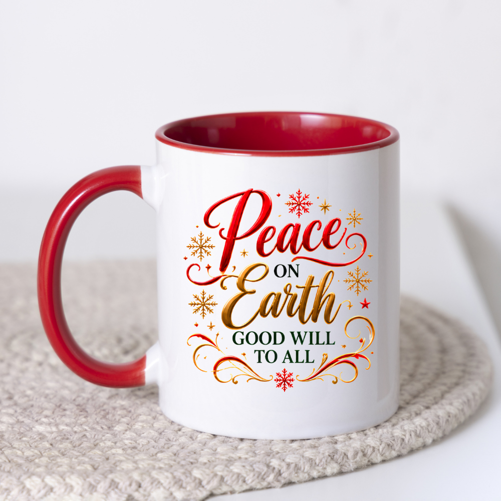 Christmas Mug "Peace On Earth Good Will To All" 325ml Ceramic Coffee Mug – Festive Christmas Blessing Mug With Gold Snowflakes Red Calligraphy Religious Holiday Gift | Available in Multicolours | Fast Dispatch by UK Seller (M3293)