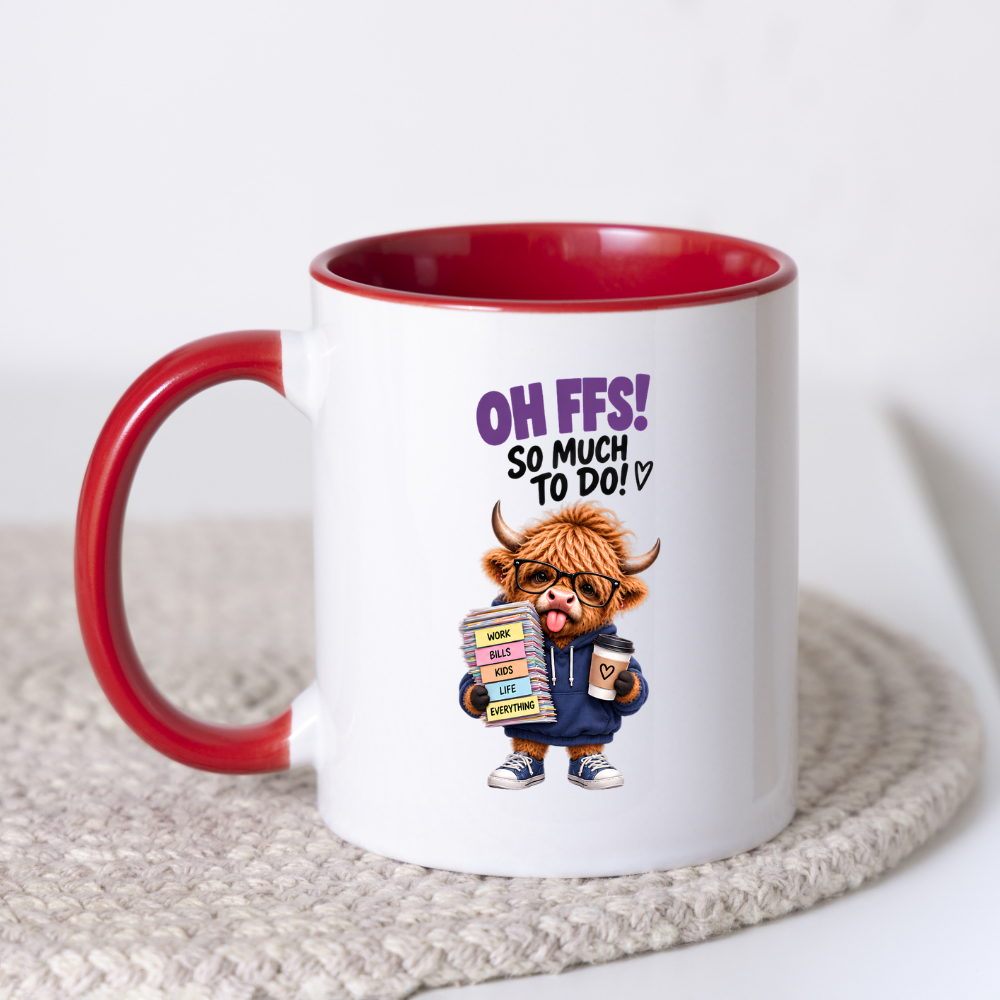 Highland Cow To-Do List Mug "Oh FFS! So Much To Do!" Oh FFS! So Much To Do! 325ml Ceramic Coffee Mug – Cute Highland Cow in Glasses & Hoodie carrying Paper Stack & Coffee Cup | Funny Work Gift | Fast Dispatch by UK Seller (M3387)